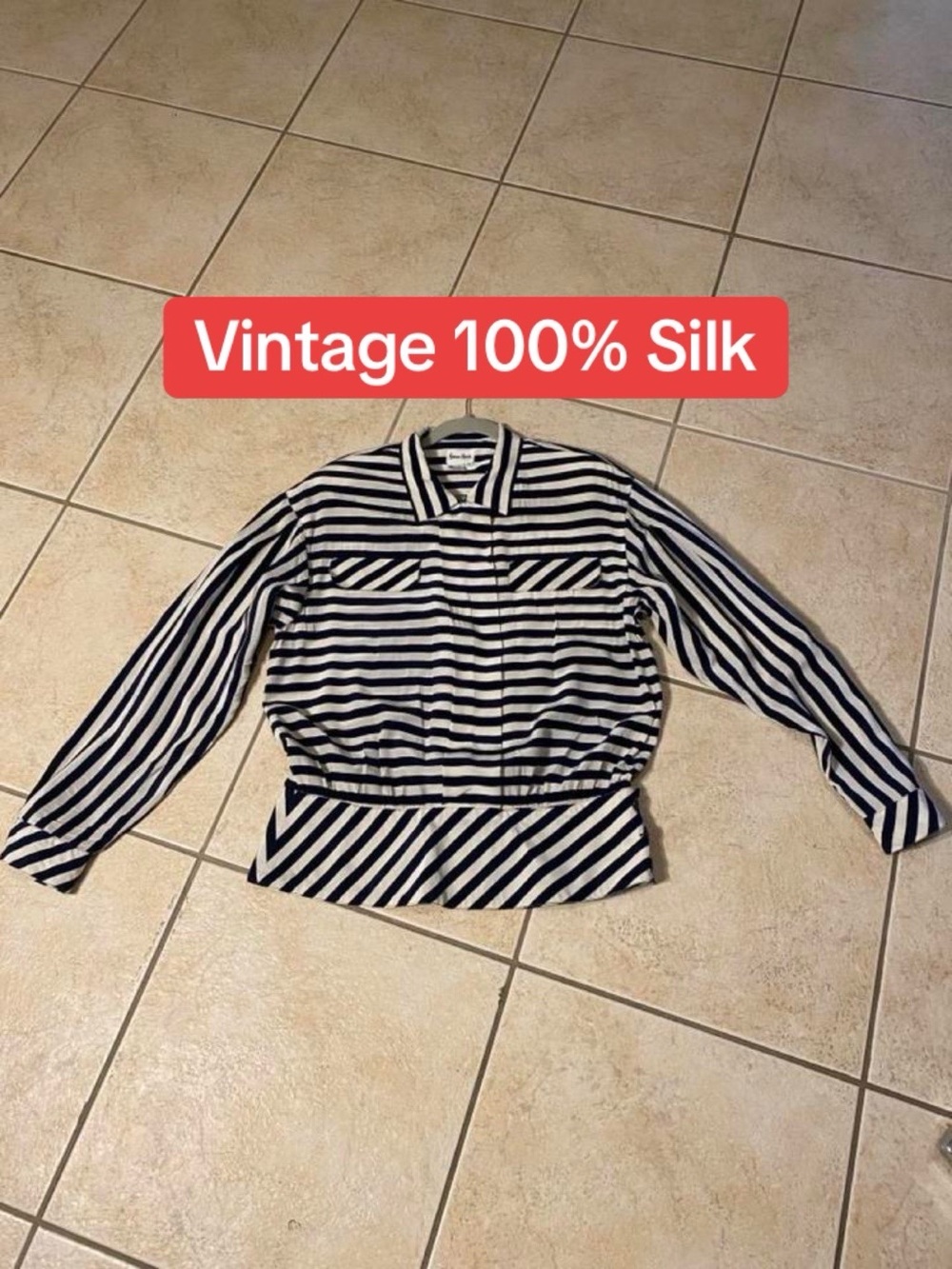 Vintage Neiman Marcus 100% Silk Navy and White Striped Long-Sleeve Blouse